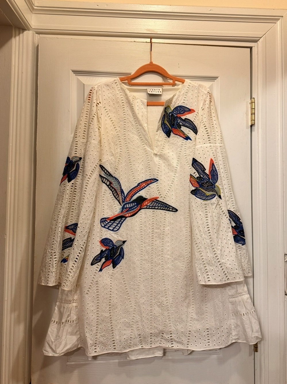 Tanya Taylor eyelet bird white colorful mini dress bell sleeve Jackie size 4